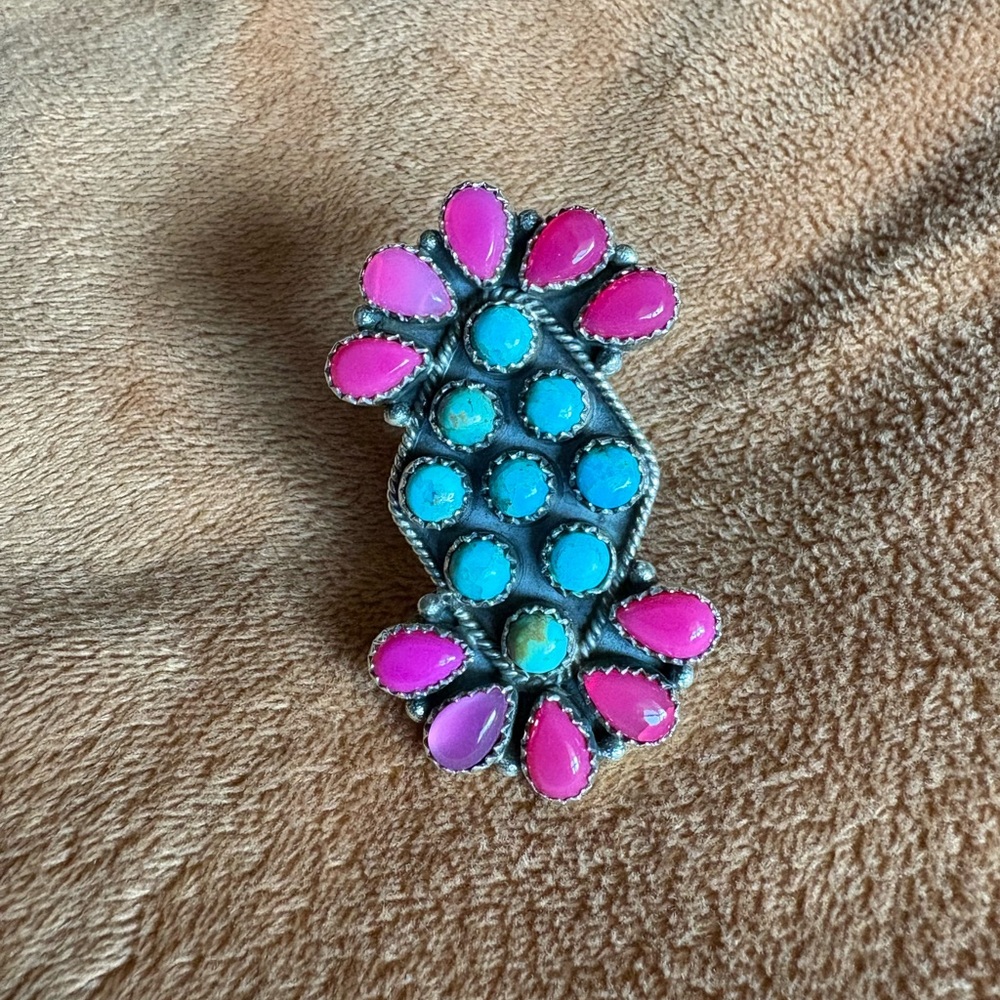 Stamped Sterling Silver Turquoise and Pink Adjustable Ring
